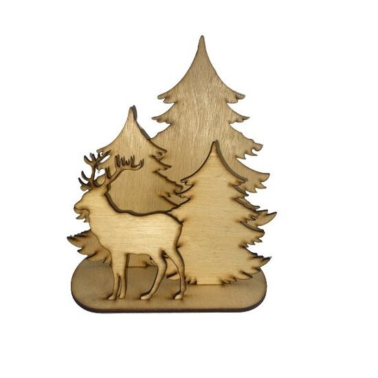Figurina decorativa lemn - stand cu brazi si cerb - C-ART