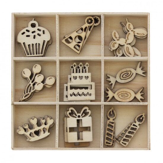253003 Wooden elements BIRTHDAY in box, 45pcs/pack (semi-finished product)