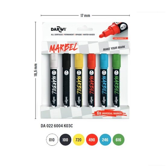 Set 6 markere Marbel 4mm,culori primare - Darwi