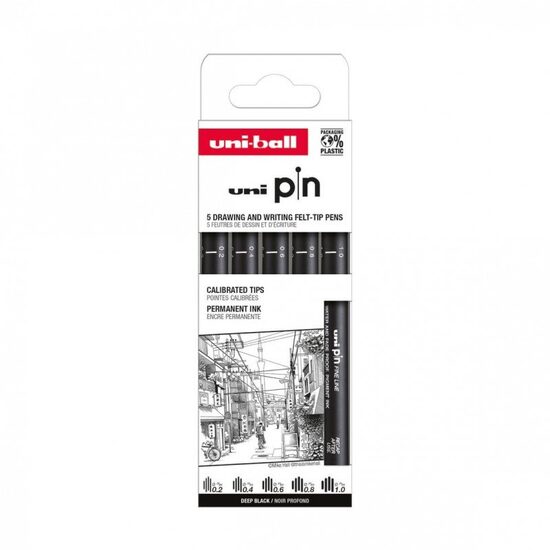 L263 Set 5x Liner UNI PIN-200 ASP009, pe baza de apa, varf 0.2-1.0mm, negru