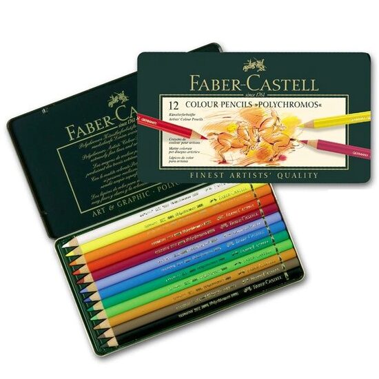 Set 12 creioane colorate Polychromos in cutie metalica - Faber Castell