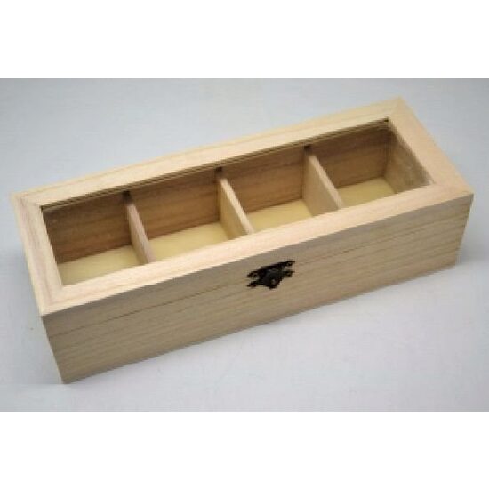 355875 - Cutie lemn pt. ceai, 4 compartimente, capac sticla - 25x9x6.4cm. ANT-CH