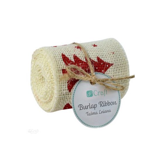 DPTA-008 Rola panglica iuta crem cu braduti rosii - 6 cm x 2 m - DP CRAFT