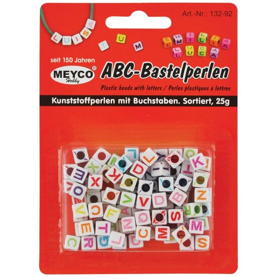 132-92 - Mix margele plastic albe, cub cu litere, 7mm, 25gr - Meyco