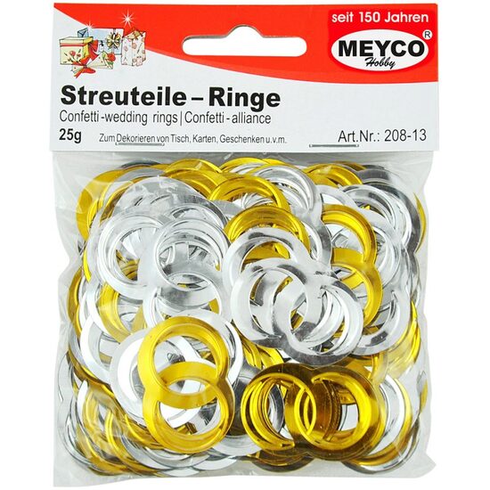 208-13 - Paiete - confetti decorativ, inele - plastic metalizat auriu si argintiu - 20gr - Meyco