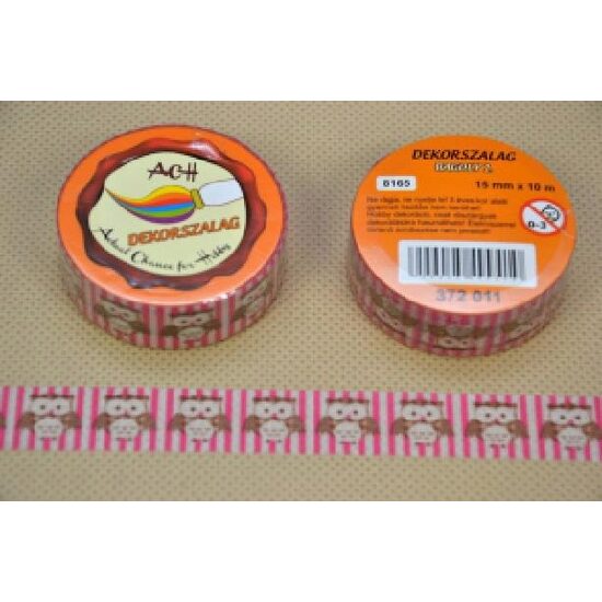372811 - Panglica hartie adeziva cu imprimeuri - tip scotch 15mm x 10m - roz cu bufnite - ANT-CH