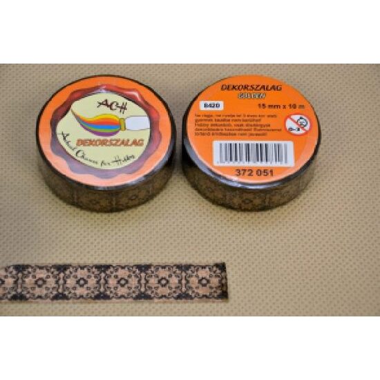372851 - Panglica hartie adeziva cu imprimeuri - tip scotch 15mm x 10m - auriu negru - ANT-CH