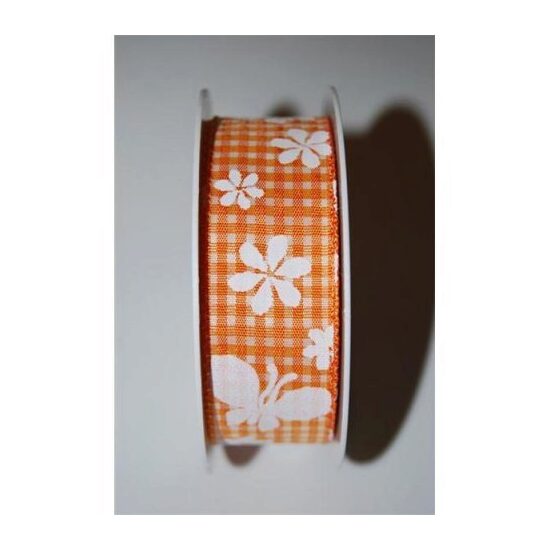 X125025400010- DD - Panglica orange cu fluturi si flori - 25mm x 10m