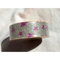 372728 - Deco tape - washi tape - scotch hartie glitter argintiu , stele roz - 15mm x 5m ANT-CH