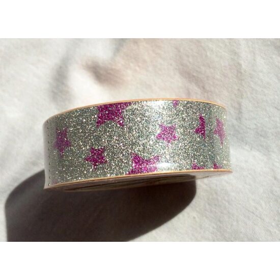 372728 - Deco tape - washi tape - scotch hartie glitter argintiu , stele roz - 15mm x 5m ANT-CH
