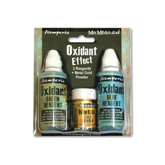 KE42M - Set pudra metalica 20gr si oxidant verde si albastru 60ml - Stamperia