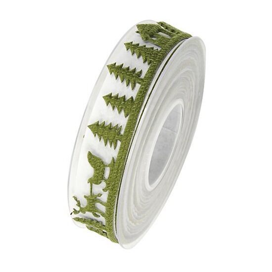 Panglica decorativa 25 mm x 4 m - verde cu braduti si sanie - DIEND