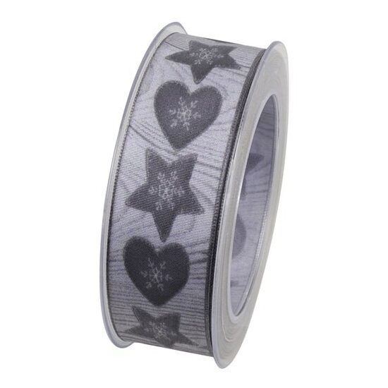 Panglica decorativa 40 mm x 8 m - inimi si stelute gri - DIEND