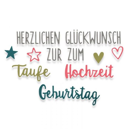 7 - 662113 Set 8 cuttere Thinlits TAIE/EMBOSEAZA/SABLON - Herzlichen Gluckwunsch - Sizzix