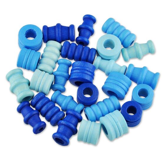 350-05 - Margele lemn nuante albastru, forme diverse, 28buc - Meyco
