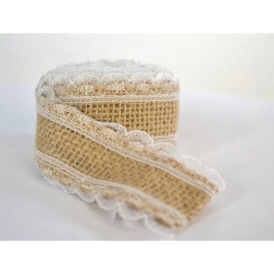 Banda decorativa iuta naturala cu dantela, 4cm x 2m - 371759