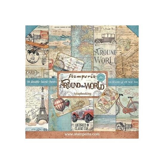 SBBS12 - Bloc 10 coli scrapbooking cu 2 fete, 20.3x20.3cm, 190gr - Around the World - Stamperia