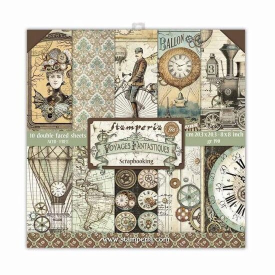 SBBS30 - Bloc 10 coli scrapbooking cu 2 fete, 20.3x20.3cm, 190gr - Voyages Fantastiques - Stamperia