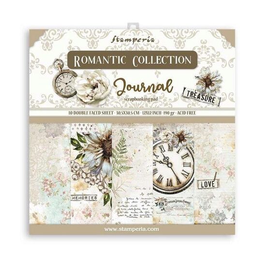 SBBS34 - Bloc 10 coli scrapbooking cu 2 fete, 20.3x20.3cm, 190gr - Romantic Journal - Stamperia